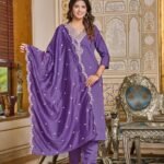 Women's Embroidered Chanderi Kurti With Pant & Dupatta Set