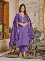 Women's Embroidered Chanderi Kurti With Pant & Dupatta Set - Image 5