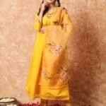 Women's Embroidered Chanderi Yellow Kurti With Pant & Dupatta Set